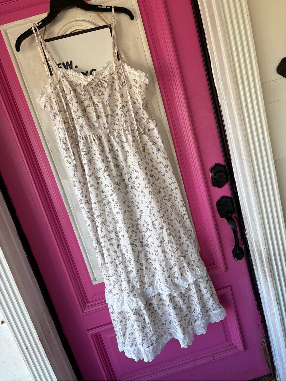 Cottagecore Floral Ruffle-Trim Cotton Slip Dress - White with Lavender Print